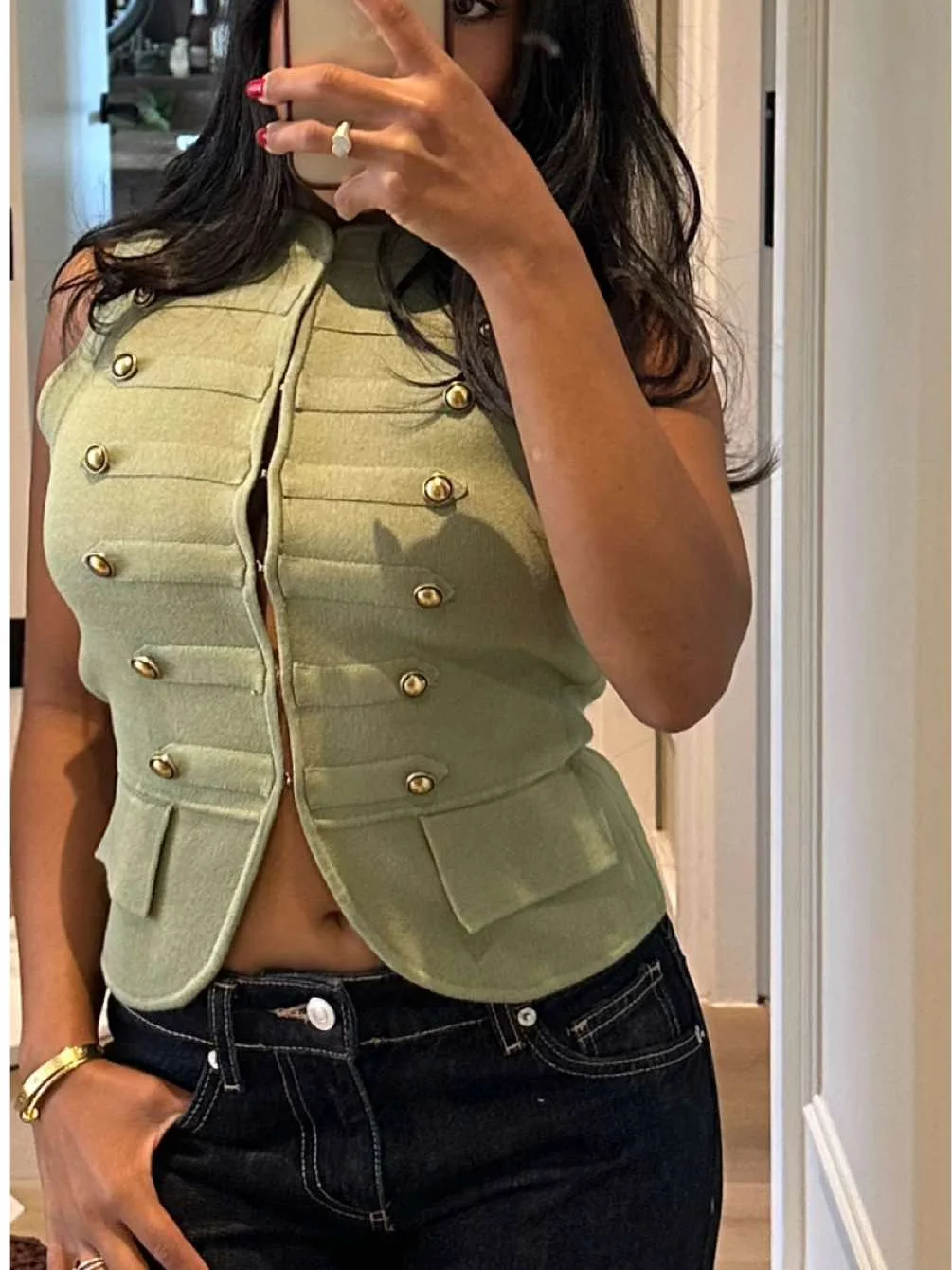 British Military Style Women Knitted Vest Double Breasted Gold Button Sleeveless Jacket Elegant Slim Fit Waistcoat Cardigan Top
