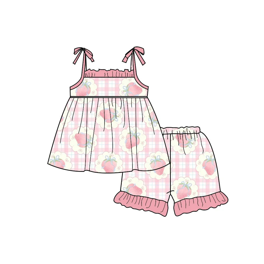 Boutique kid's Best-Seller Girls Set Featuring spaghetti-strap top pairing shorts ruffles bows decorate fruit plaid prints print