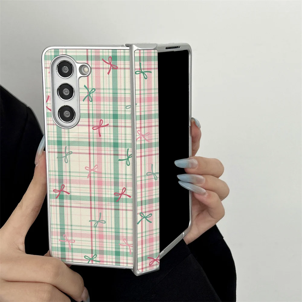 INS Cute Checkered Bow Plated Leather Phone Case Suitable for Samsung Galaxy Z Fold 7/6/5/4 W26 with Magnetic Full Cover