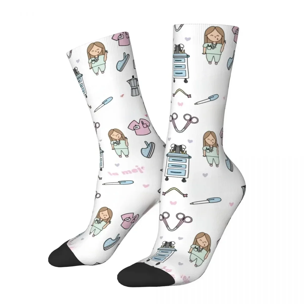 Śliczne kobiety lekarz pielęgniarka skarpetki Enfermera En Apuros akcesoria kreskówki damskie pielęgniarki Merch skarpetki graficzne pończochy przez cały sezon — zdjęcie 2