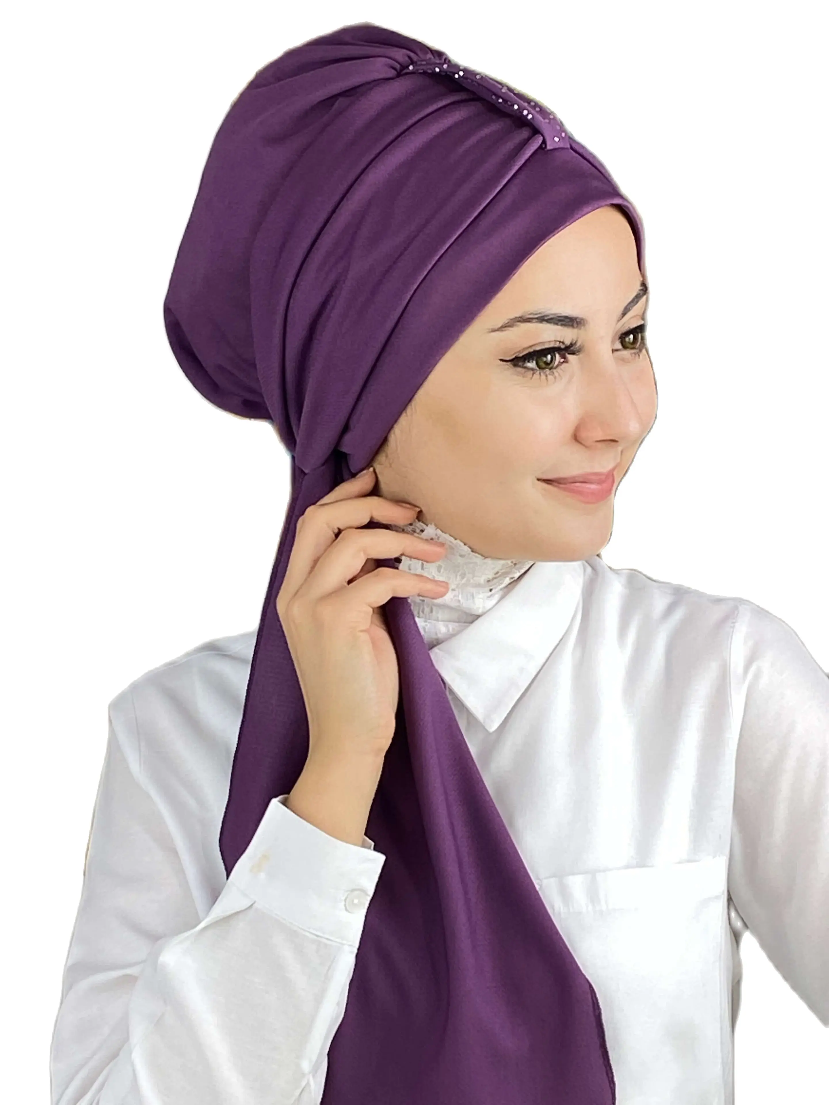 2023 New Fashion Hijab Woman\'s Hat Islamic Top Wear Foulard Shawl Hürrem Stone Single Piece Scarf Light Purple Bonnet