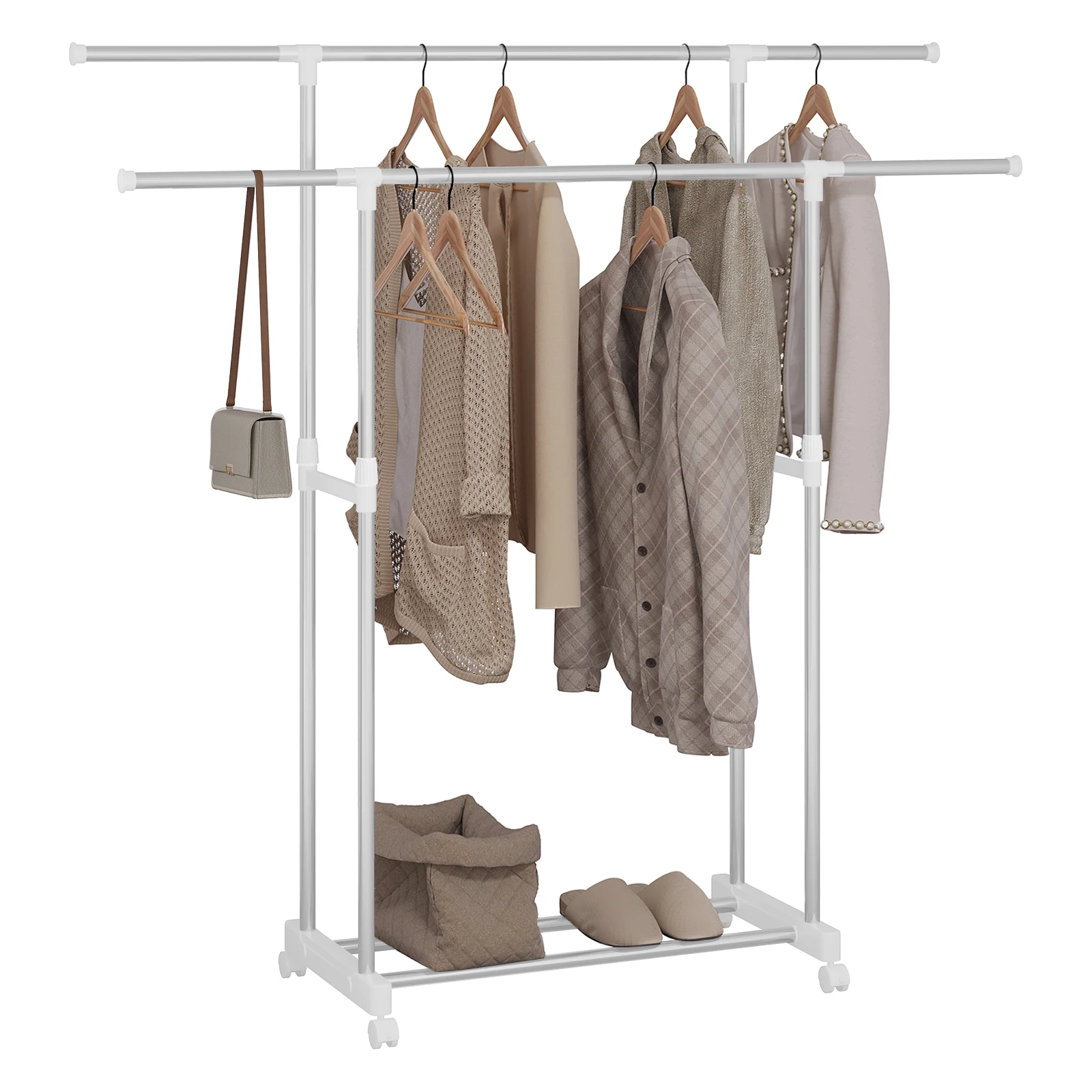 Coat Rack Stable Clothes Rack with Wheels Height Adjustable Metal Mobile Hanging Standing Storage Shelf