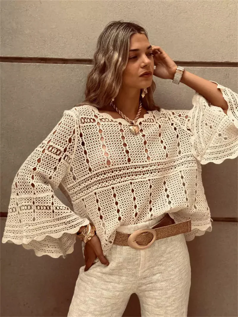 Women's Sexy Hollow Out Long Flare Sleeve Lace Blouse Top Bikini Cover up Sunscreen Shawl Cape Swimwear Summer Swimsuit Blusa