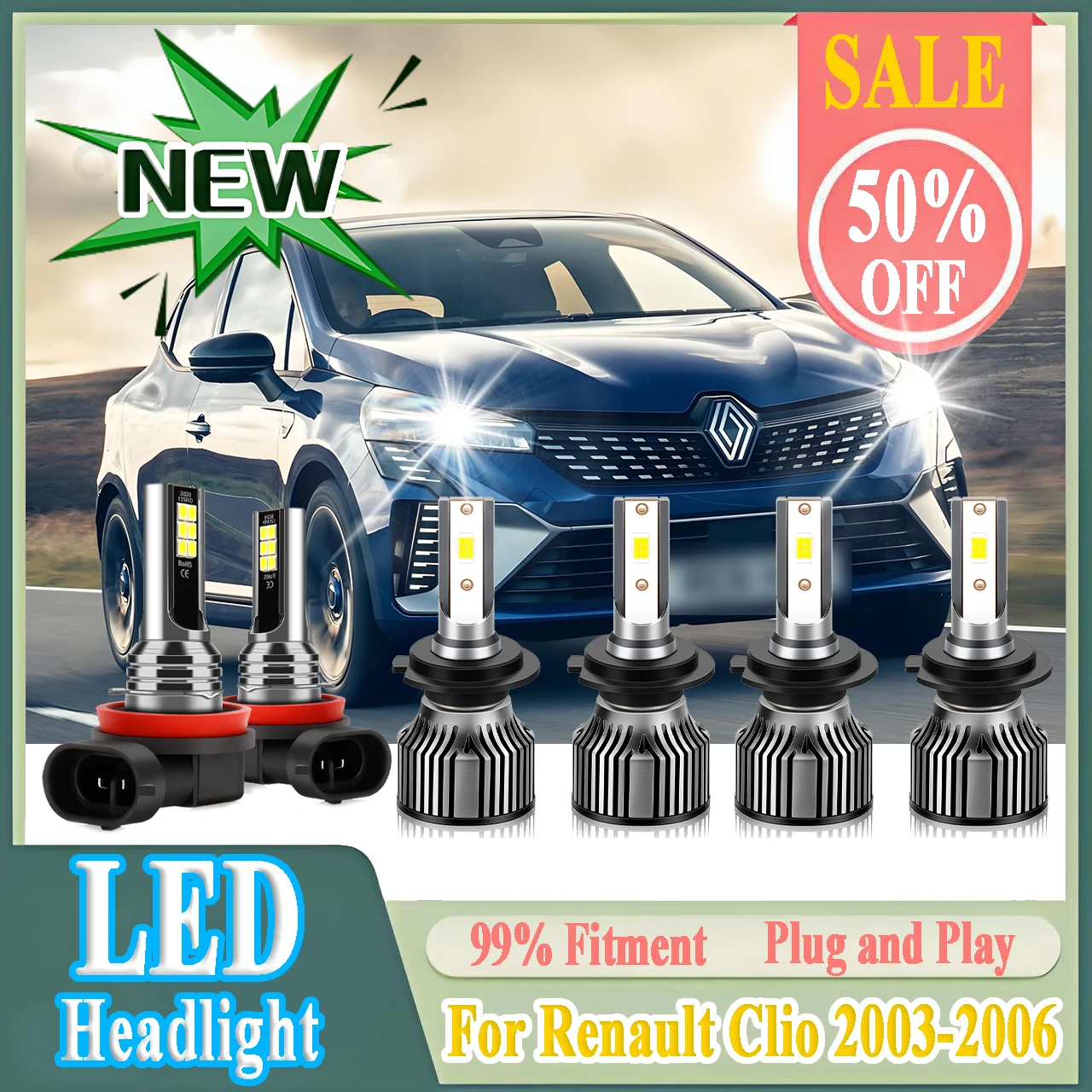 

LED Headlight Bulbs 60000LM Car Headlamps 6000K White Plug and Play Turbo Fog Lamps 12V For Renault Clio 2003 2004 2005 2006