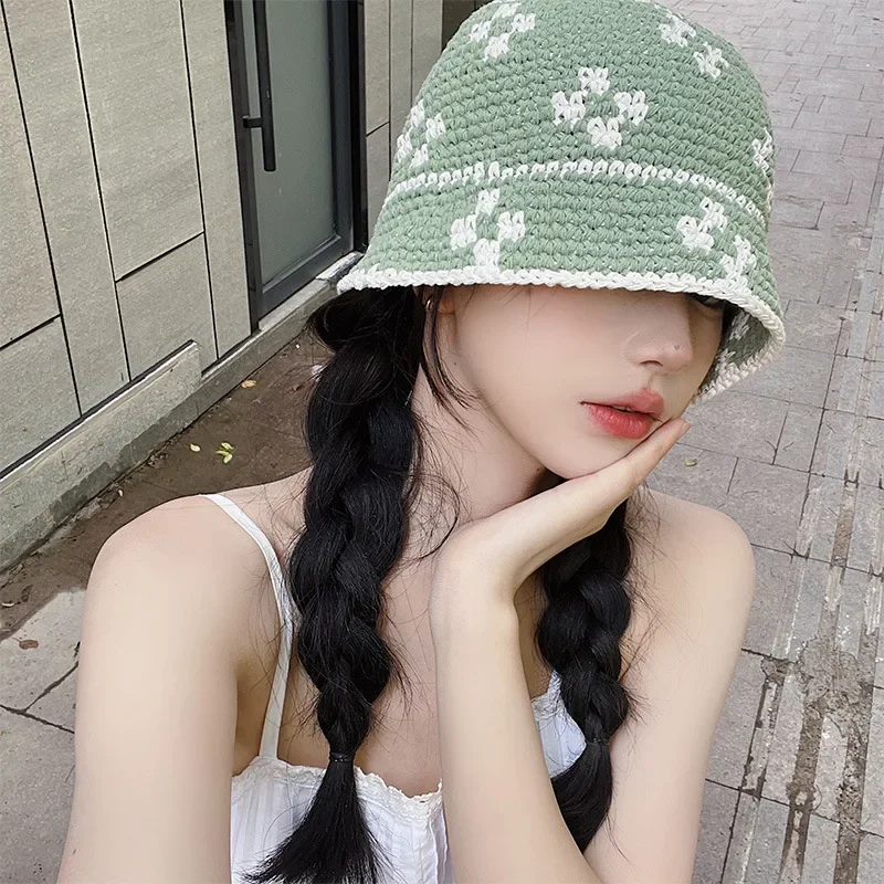 Kapelusz z dzianym kwiatem koreańskiej wersji wiosna lato szydełka rybak czapka kobiety Handmade Panama kapelusze wiadro Sombreros De Mujer — zdjęcie 2
