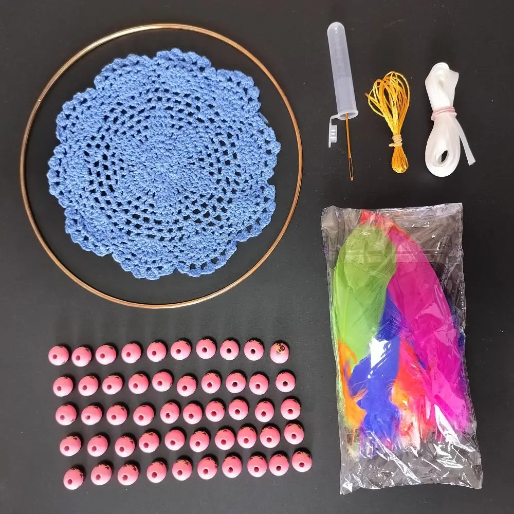 DIY Easy Beginner Kit To Make Dream Catcher Including Gray Blue Doily Metal Ring Pet Dog Beads Feathers Ribbons Needle Threads