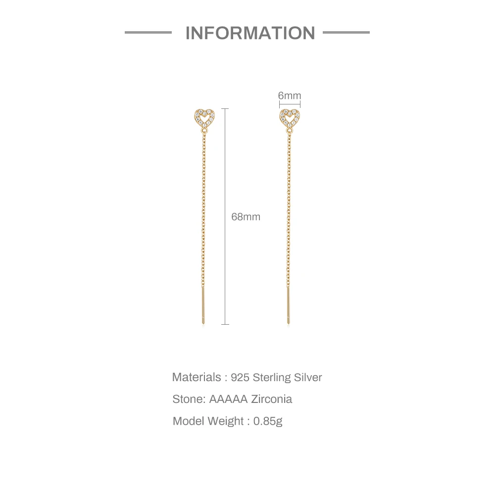 Aide 925 Sterling Silver Trendy Long Chain Tassel Threader Earrings For Women Zircon Hollow Heart Stud Straight Hanging Earings