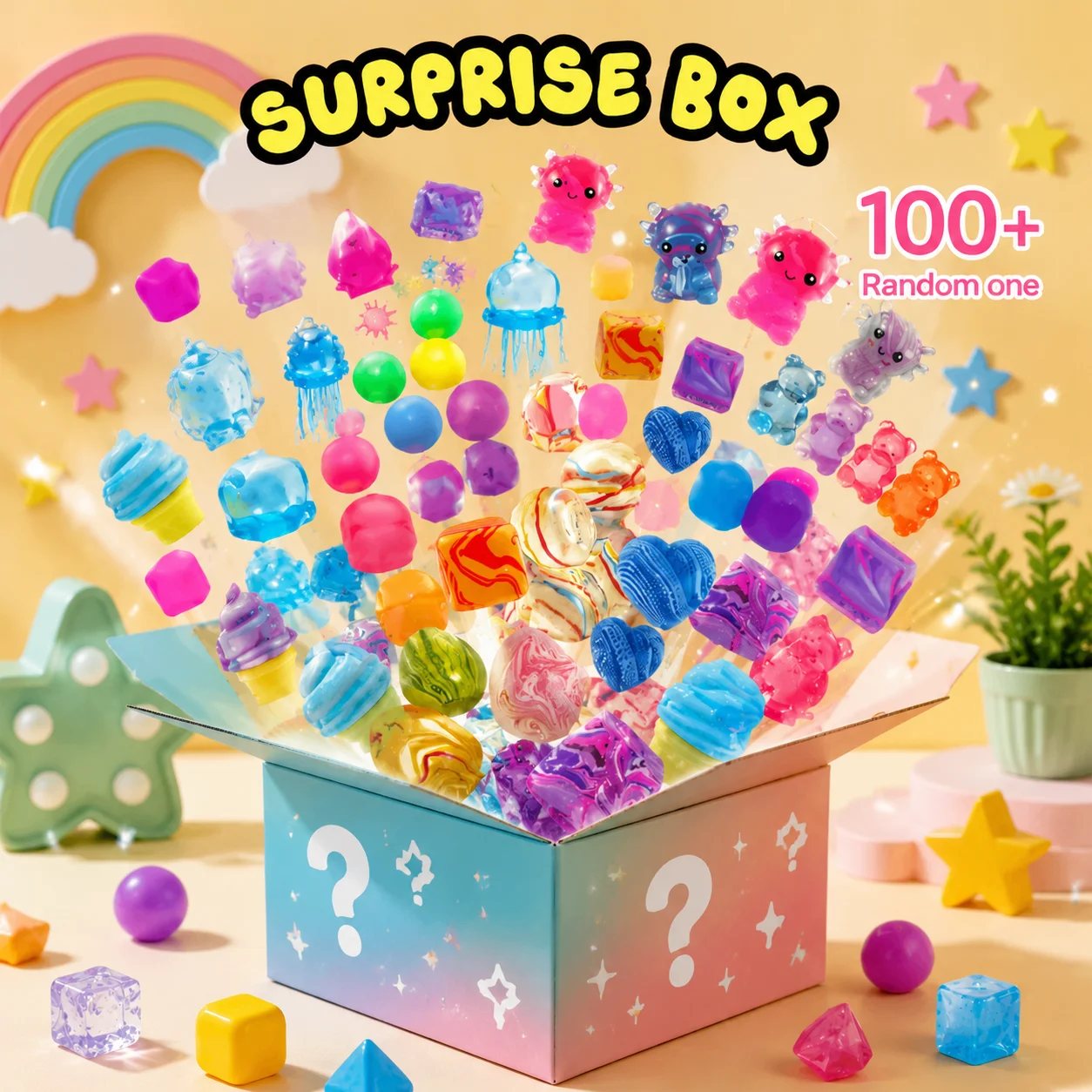100+ Pieces Assorted Squishy Figures Blind Box Surprise Toy Slow Rising Soft Fidget Toys Featuring Moai Head Panda Rabbit Stress