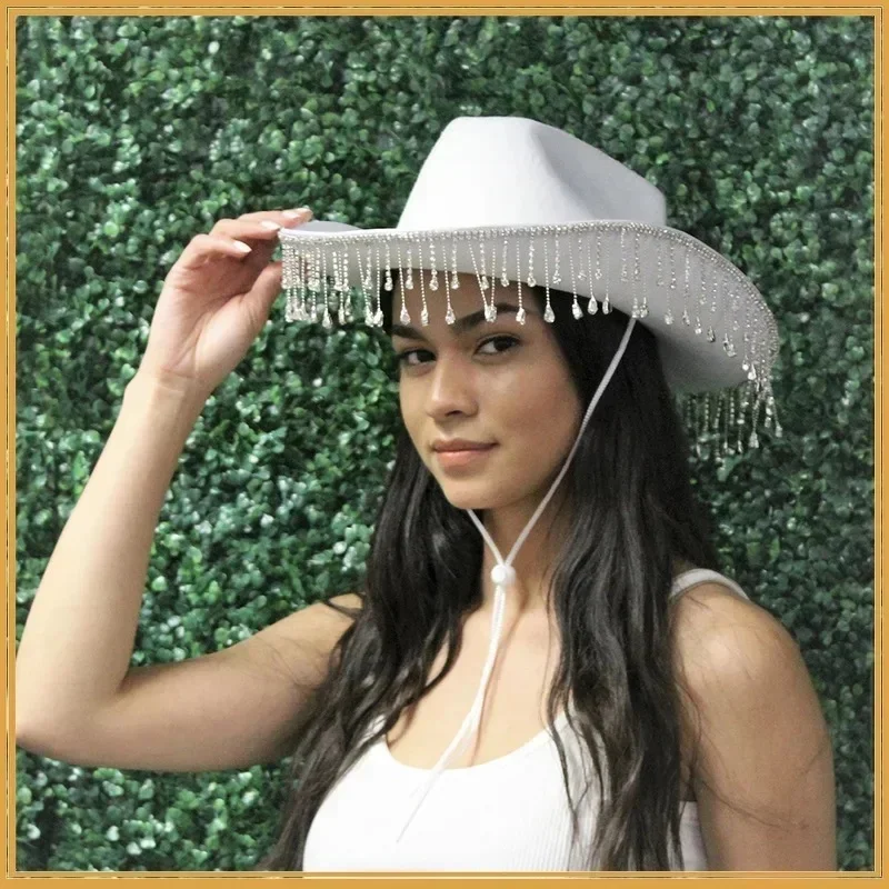 Rhinestone Fringe zachodni kapelusz kowbojski Tiara kapelusz kowbojski zachodni styl dziewczyna szerokie rondo czuł Cowgirl kostium z czapką na imprezę Cosplay kapelusze — zdjęcie 2