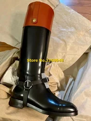 Low Heel Leather Knee High Women Boots Round Toe Buckle Slip On Patchwork Black Winter Womoen Boots Metal Buckle Shoes