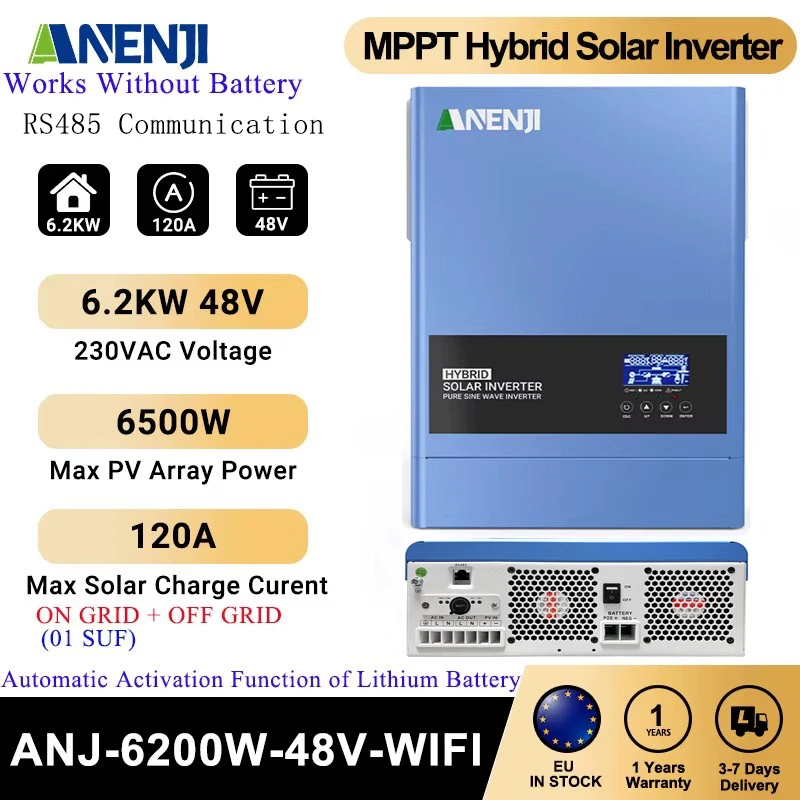 Onduleur solaire hybride 6.2KW 48V 2KW 12V 230VDC, onduleur MPPT photovoltaïque à onde sinusoïdale Pure 60A 120A, chargeur solaire PV 160VDC 500VDC