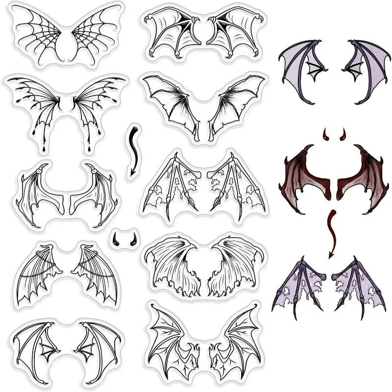 Timbres en caoutchouc transparents pour Halloween, 1 feuille, ailes maléfiques, chauve-souris de sorcière, joints gothiques en Silicone Transparent, fabrication de cartes pour journal de vacances