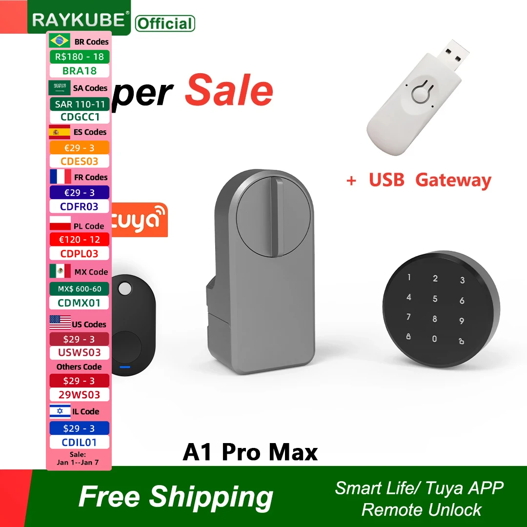 RAYKUBE A1 Pro Max Tuya BEL Smart Door Lock Set with Fobs/ Keypad/ Smart Key Tuya Remote Unlock Work with Alexa Google Assistant