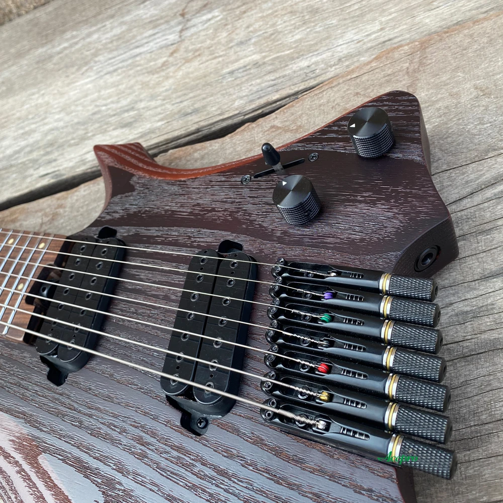 7 String Headless Electric Guitar Passive Pickups Fanned Frets 9 Piece Roasted Maple Neck, Jumbo Stainless Steel Frets Ash Body