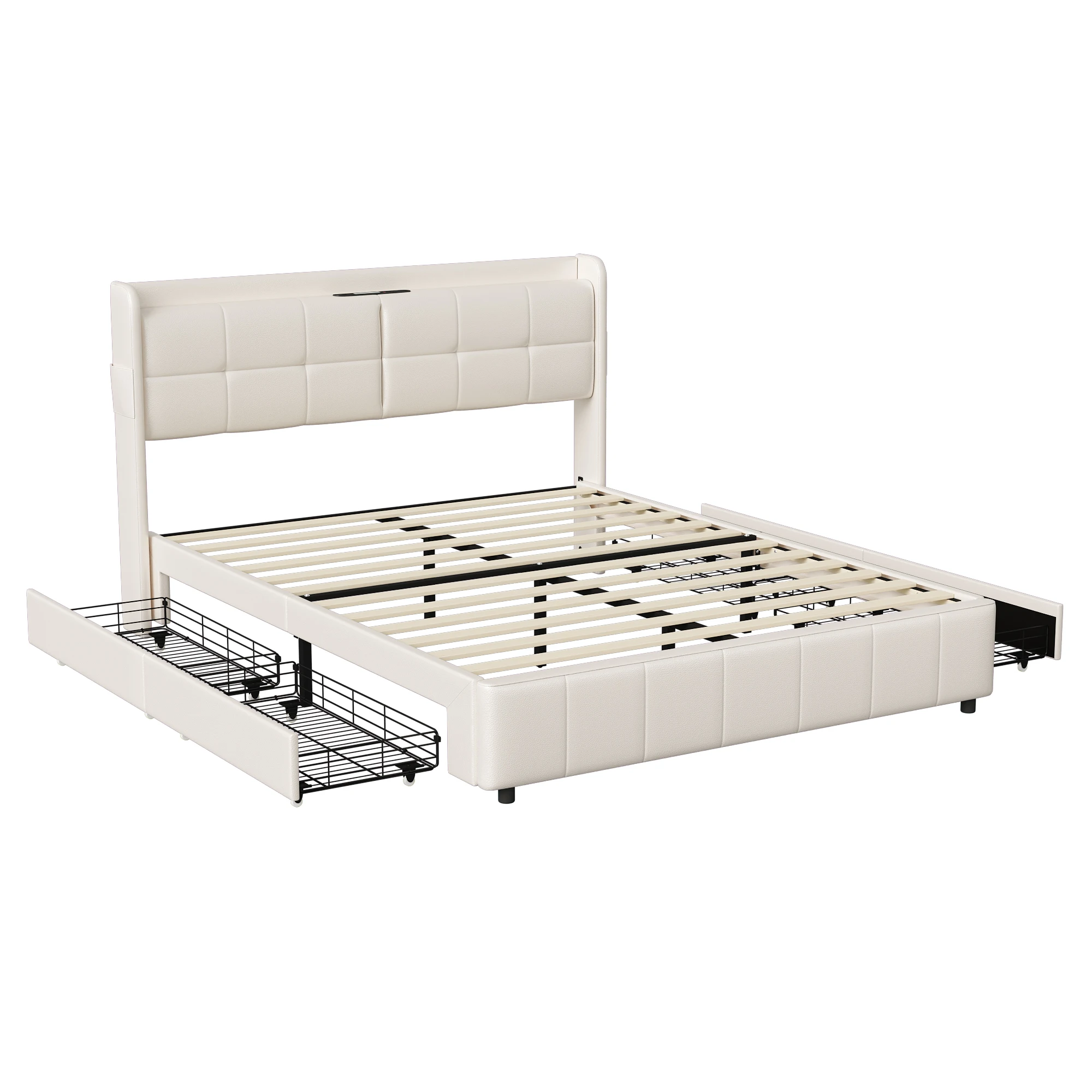 160 × 200 cm Doppelbett, aus PU, mit vier Schubladen an der Seite, mit Holzgestell, für das Schlafzimmer geeignet, cremeweiß