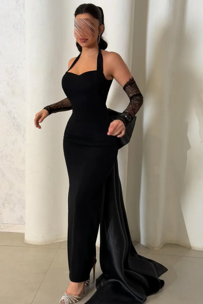 Jessica Black Halter Neck Evening Dresses Lace Long Sleeves Prom Dresses Elegant Ladies' Slim Fit Formal Occasions PartyDresses