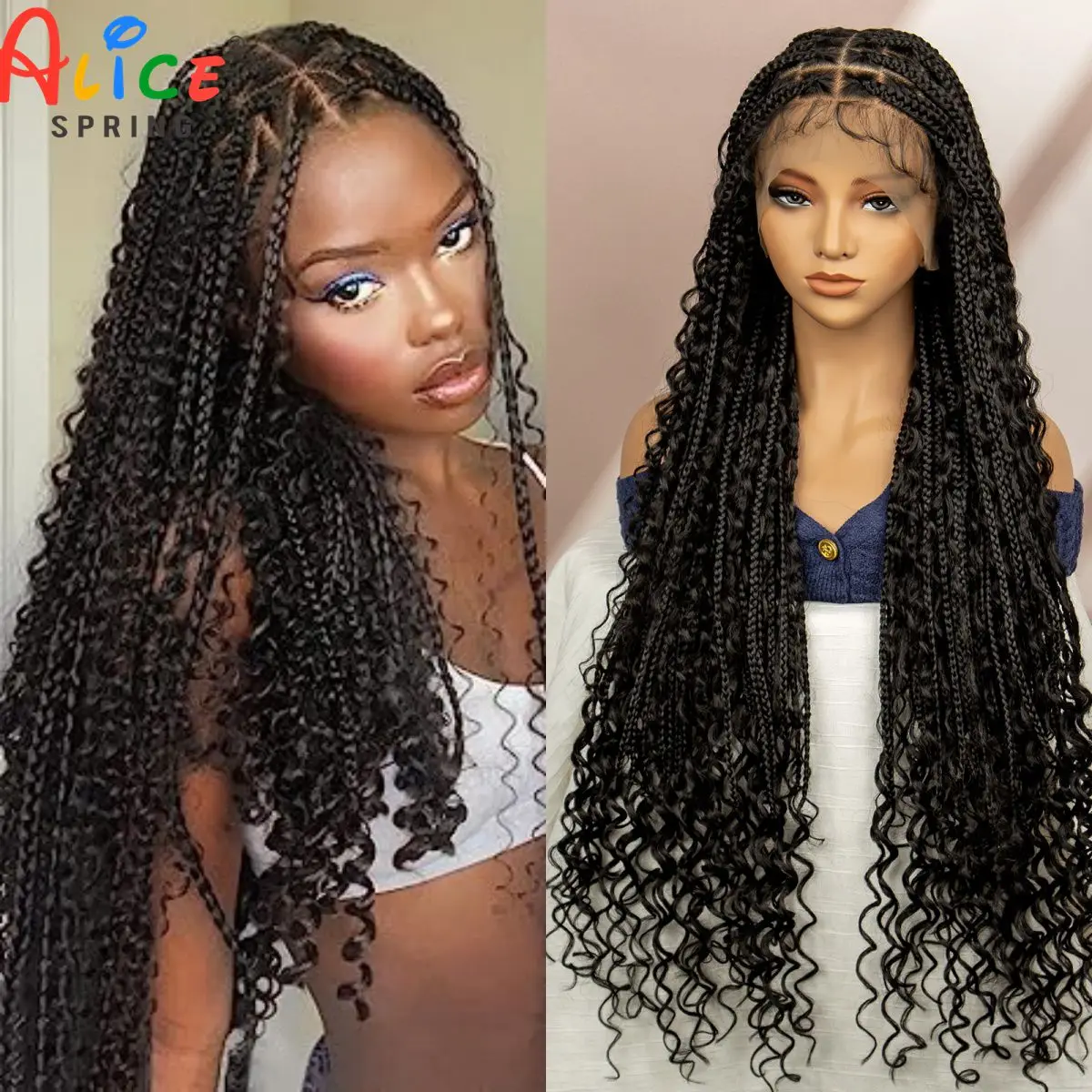 

36 Inch Knotless Box Braided Wigs Synthetic Full Lace Braided Wig with Curly Ends for Black Women Braided Lace Wig With Baby Hai