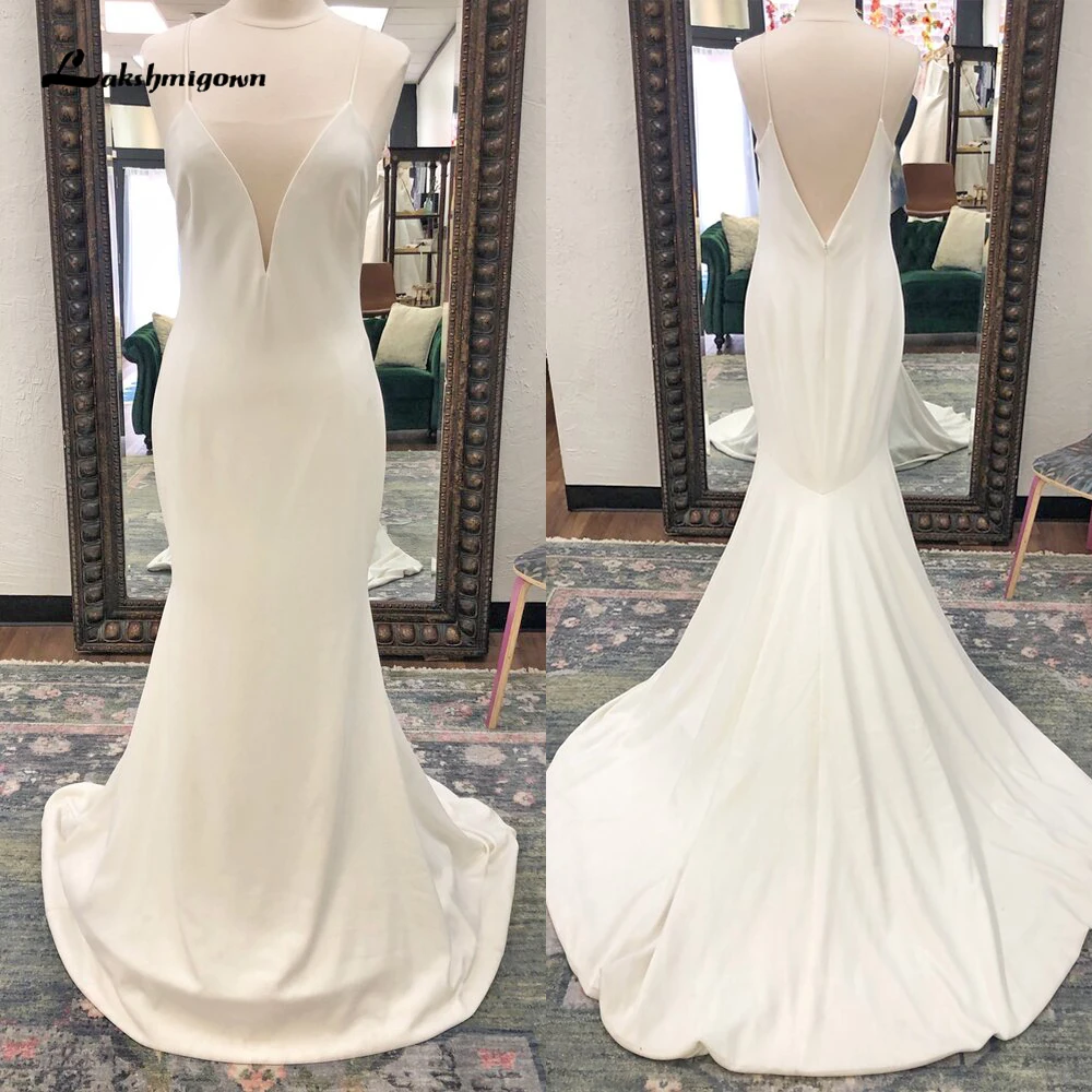 

Simple V Neck Spaghetti Straps Open Back Satin Mermaid Wedding Dress For Women Sexy Bridal Gowns Sweep Vestidos De Novia Robe