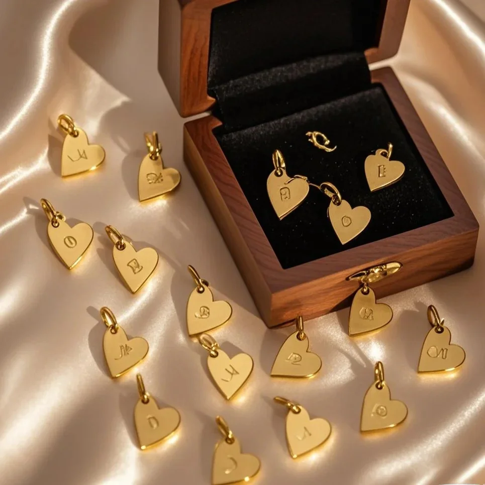Accessoires de bricolage plaqués or à haute polissage, pendentif Simple et lisse en acier inoxydable, lettres d'amour A à Z, bijoux, breloques en forme de cœur