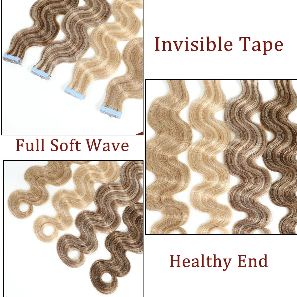 Extensions de Cheveux Humains Européens, Body Wave, KerBrian Capsule, Highlight Blonde Tape Ins, 20/40 Pcs