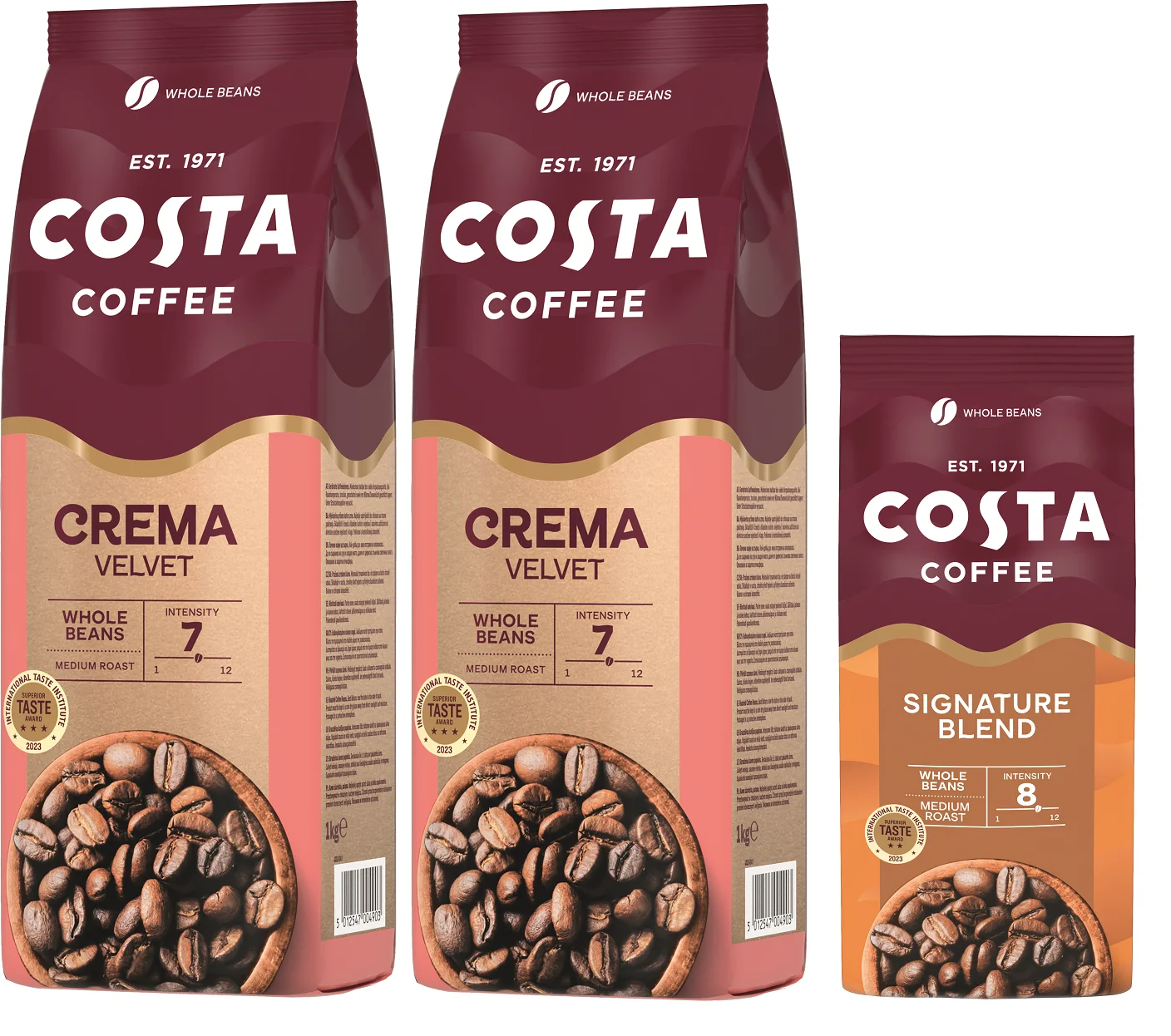 COSTA COFFEE Crema Velvet Bean Coffee 2x1kg + FREE Medium signature blend 200g