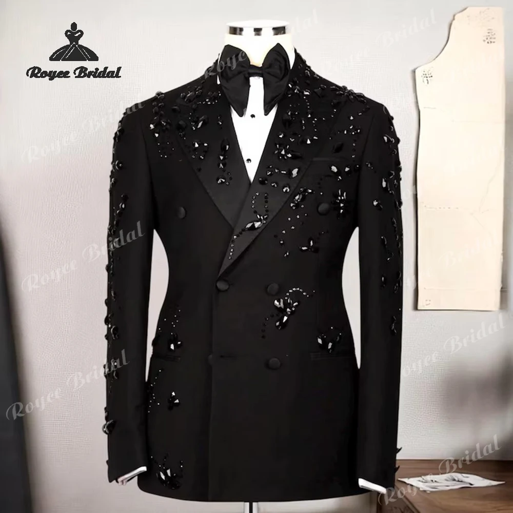 Luxe Verfraaid Tweedelige Bruiloft Heren Pak Single Breasted Kristallen Kralen Avond Prom Tuxedo Kostuum Homme Mariage