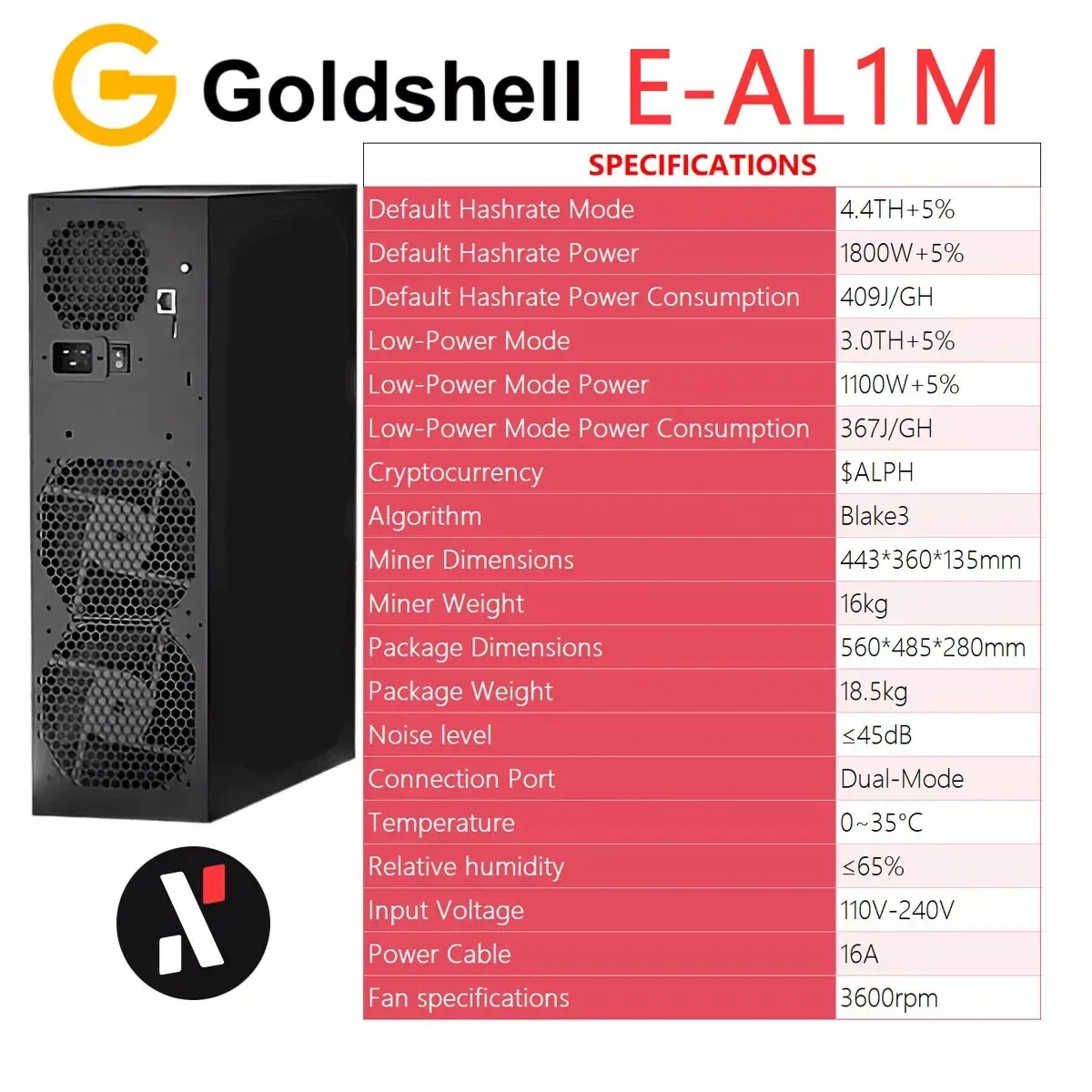 

7HHJ6 BUY 5 GET 3 FREE New US Stock Miner Goldshell E-AL1M 4.4TH 1800W ALPH Black 3 Algorithm with PSU