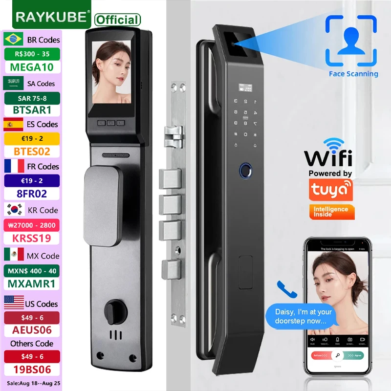 

RAYKUBE DF14 Tuya WiFi 3D Face Recognition Digital Door Lock With Two-way Audio WiFi Camera Video Call APP Remote Unlock