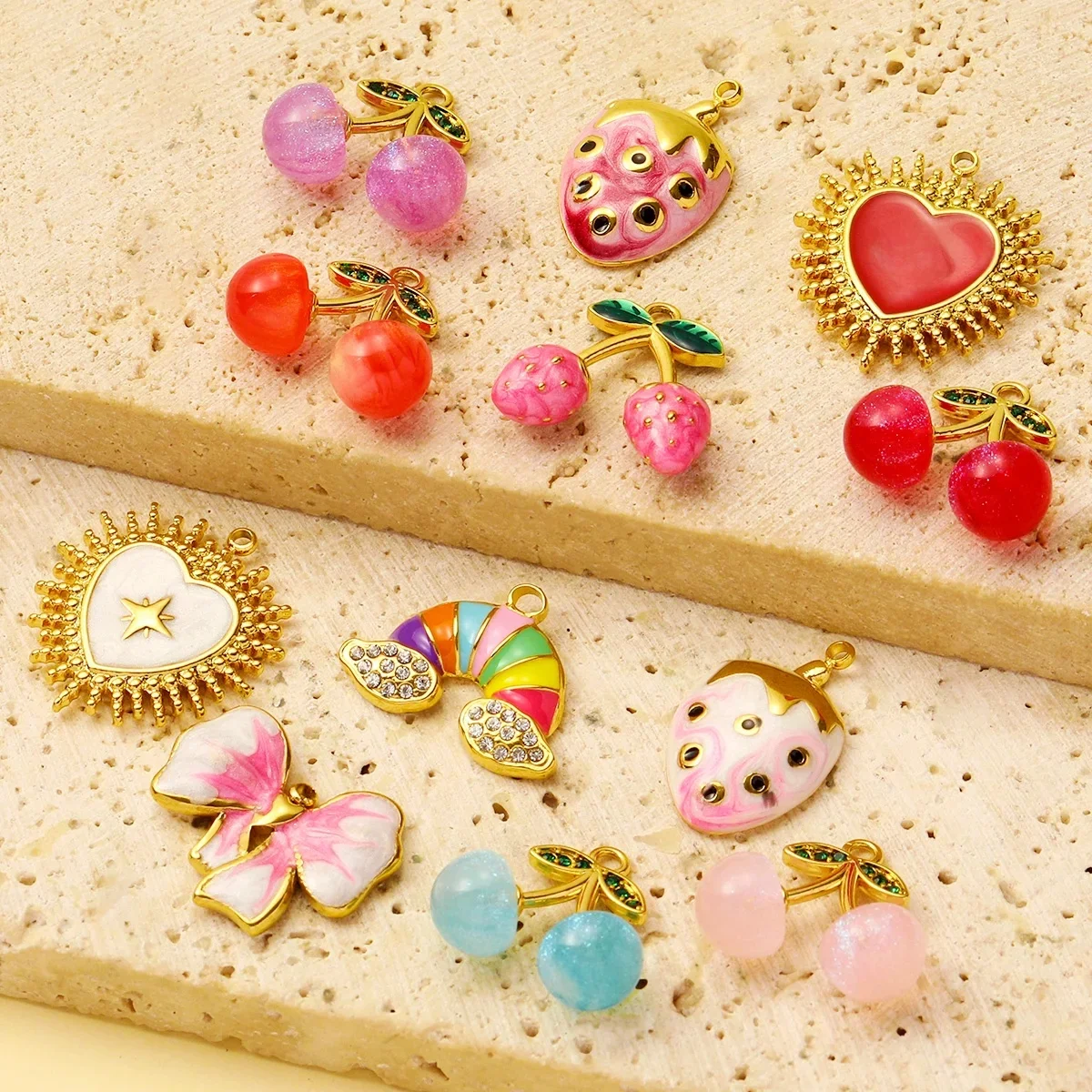 3 pièces/lot en acier inoxydable émail noeud arc-en-ciel bricolage breloques femme cerise fraise collier pendentifs coeur bijoux