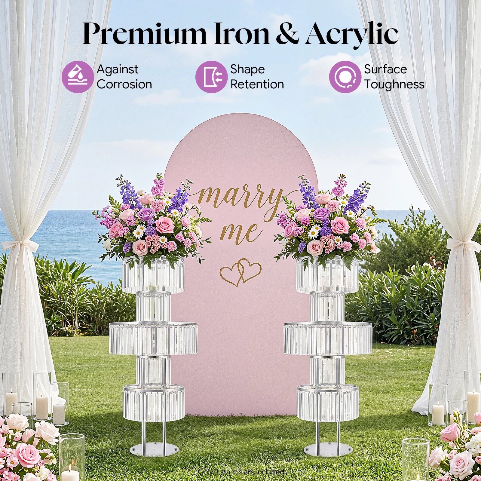 2 Pack 5-Tier Round Flower Stands, Acrylic Crystal-Like Pendants Rack, 43.3in Height Floor Tabletop Floral Display Holder For Wedding Party Decor