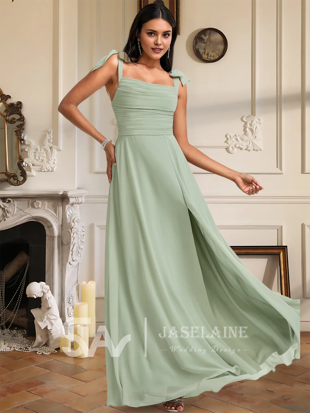 A Luxury A-Line Cowl Chiffon Bridesmaid Dresses Floor-Length Spaghetti Straps Ruched Wedding Party Evening Cocktail Women