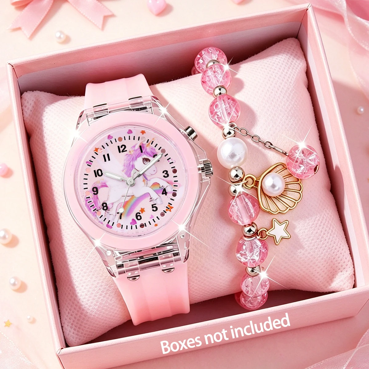 2-Piece Set, Unicorn Luminous Quartz Watch Paired with a Shell Beaded Bracelet, Quartz Movement, Cute and Charming, Versatile for Everyday Wear, Pink Color Scheme, an Excellent Gift for Girls.