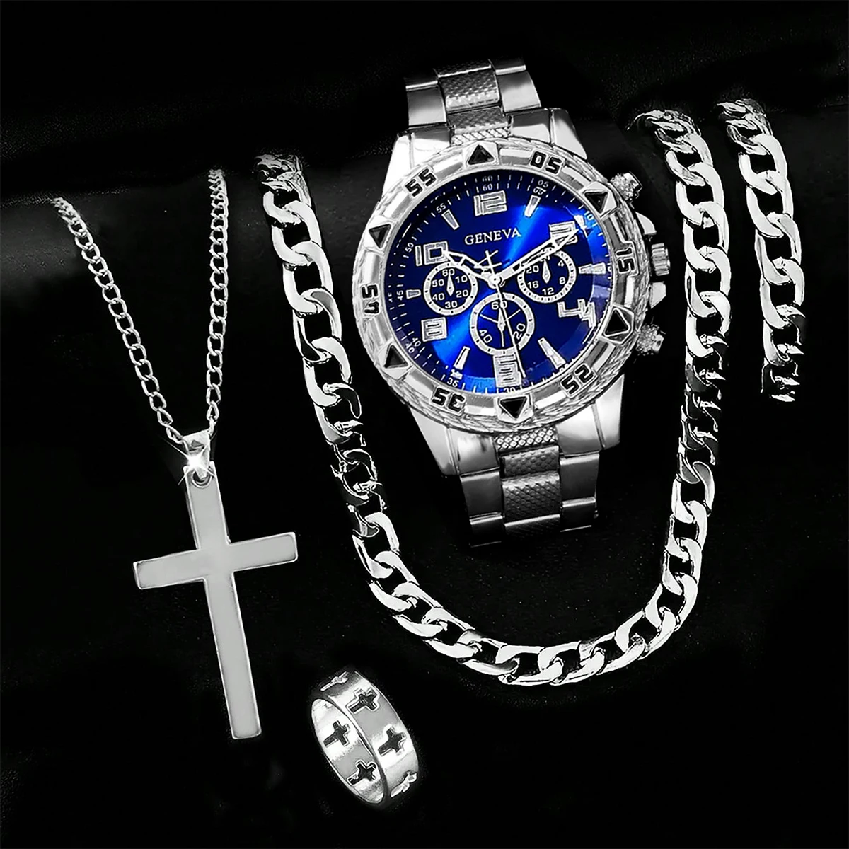 5-Piece Set, Men's Casual Large Stainless Steel Quartz Watch with Bracelet, Necklace, and Ring Set, Suitable for Daily Use, Travel, and Business Trips, Also Makes a Great Holiday Gift.