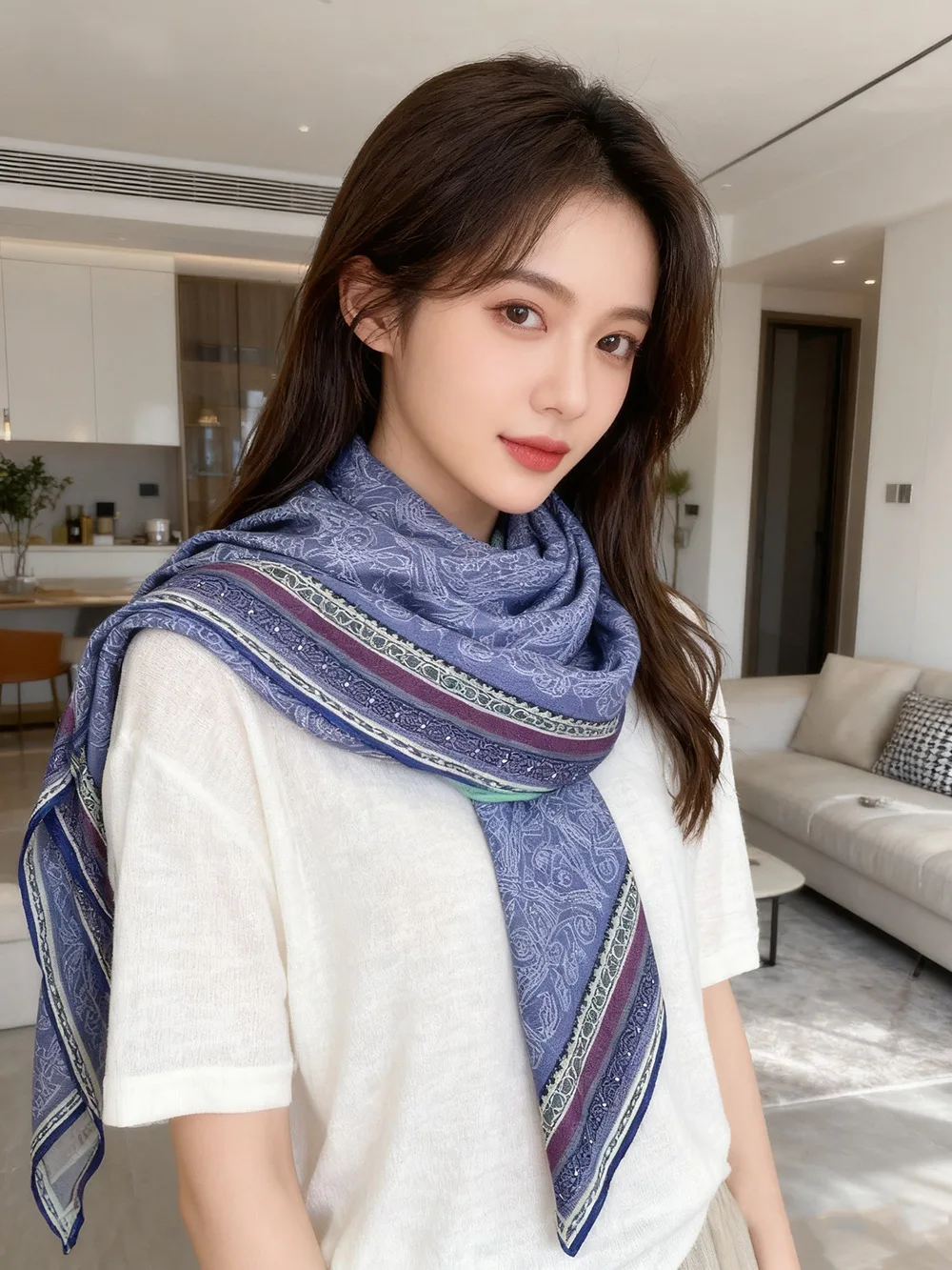 

Blue Silk Wool Scarf 85CM Winter Luxury Rolled Edges Bandanas Shawls Women Square Scarves Mother Gift