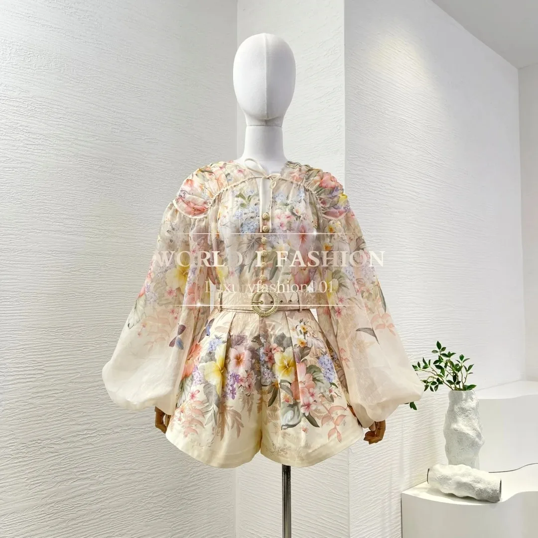 

Floral Bird Print 2025 Summer Women New High Quality Beige Long Sleeve Pleat Blouse Tops and Shorts Set