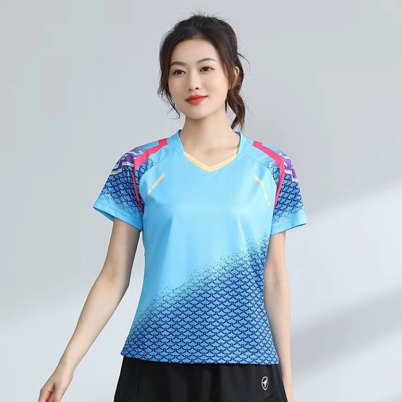 Damen Tischtennis Pastell T-Shirts 3D Grafik bedruckte Badminton-Kleidung Schnelltrocknende Ping-Pong-Wettkampfkleidung Jersey