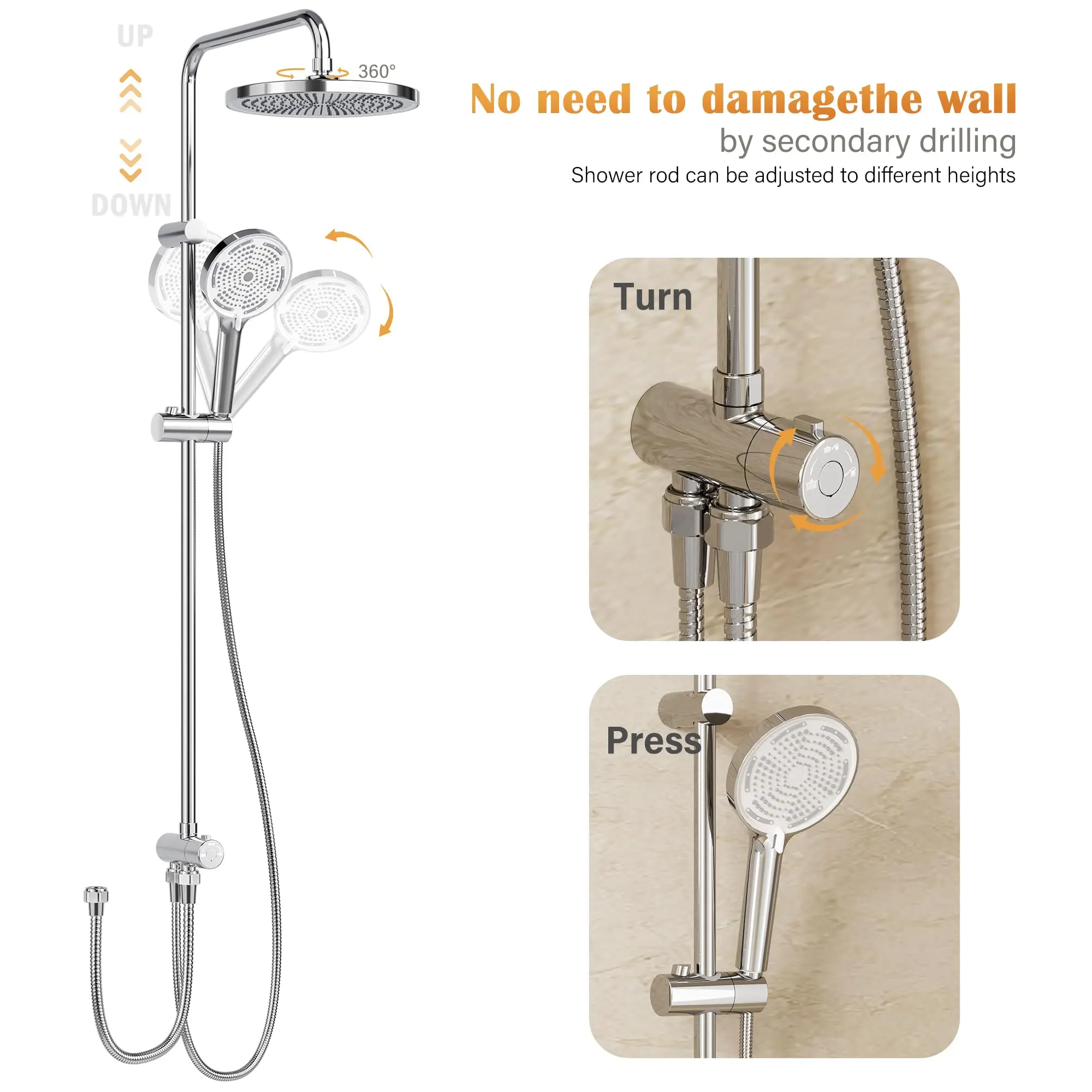 Fotografia 7: Conjunto de Chuveiro Regulável em Aço Inoxidável com Ducha de Cabeça de 25 cm, Preto |   Sistema de Ducha com Chuveiro Manual, 3 Tipos de Jato e Prática Prateleira para Banheiro Moderno
