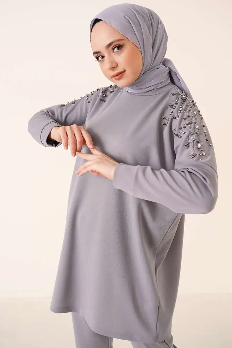 Shoulder Embellished Double Suit summer fashion muslim clothing tunic suit 20220031