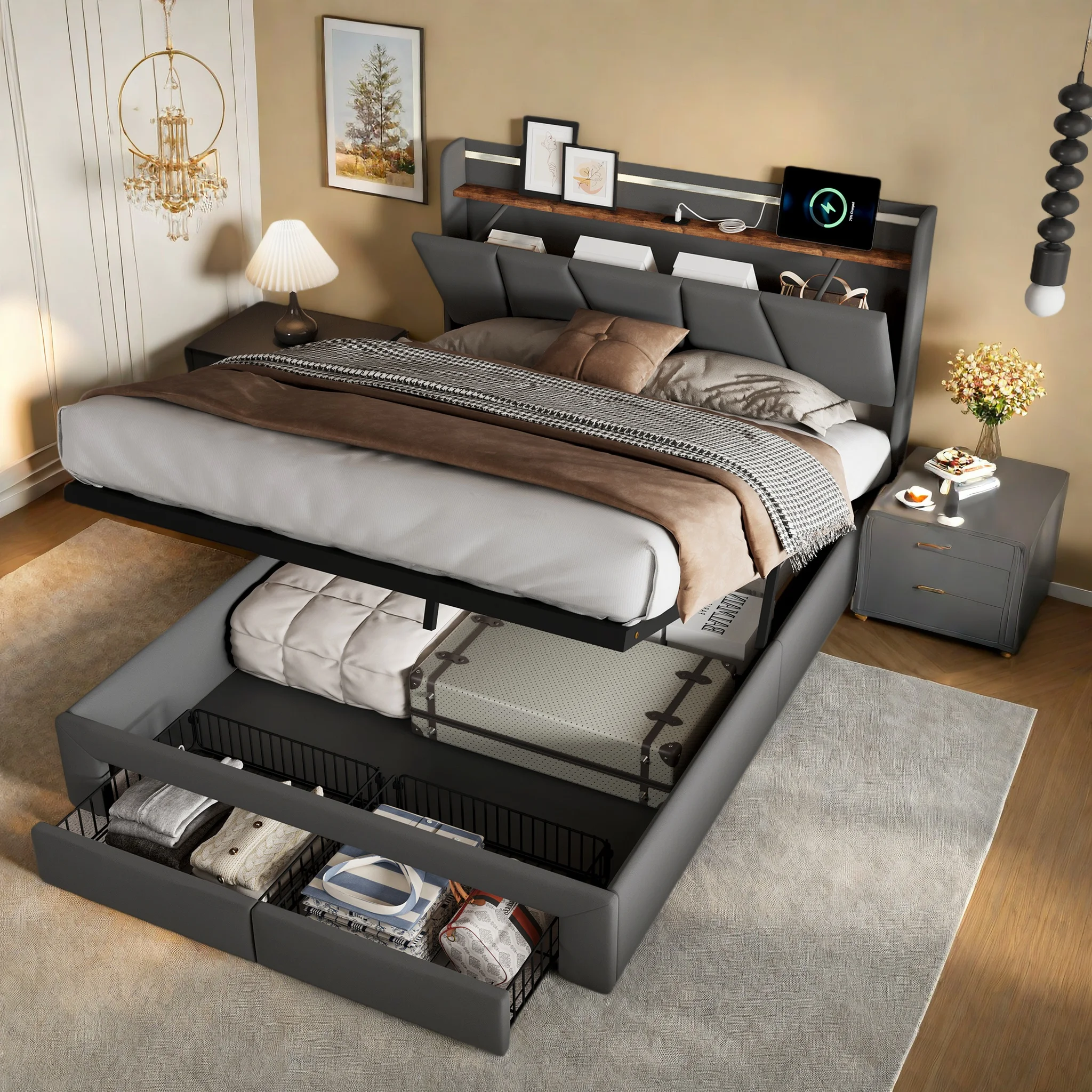 Anajqaqia, 140 × 190 cm, Doppelbett mit 2 Schubladen, hydraulisches Bett, gepolstertes Bett, Bettgestell mit großem Stauraum, Bett für das Hauptschlafzimmer, Bett für kleine Schlafzimmer, Bett für