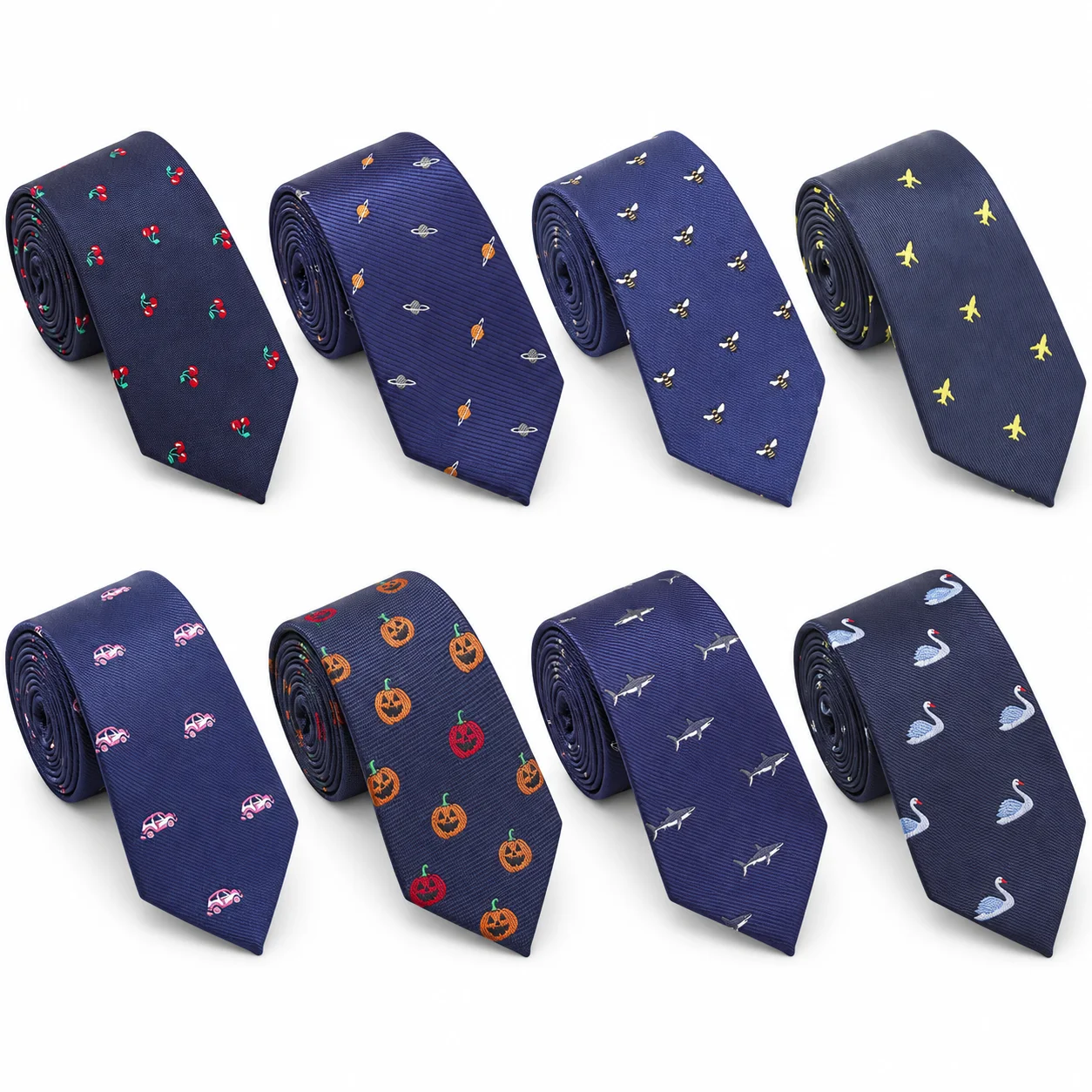 Men Navy Novelty Jacquard Necktie Collection, Cherry Pumpkin Shark Bee Swan Car Planet Plane Pattern Formal Suit Neck Ties