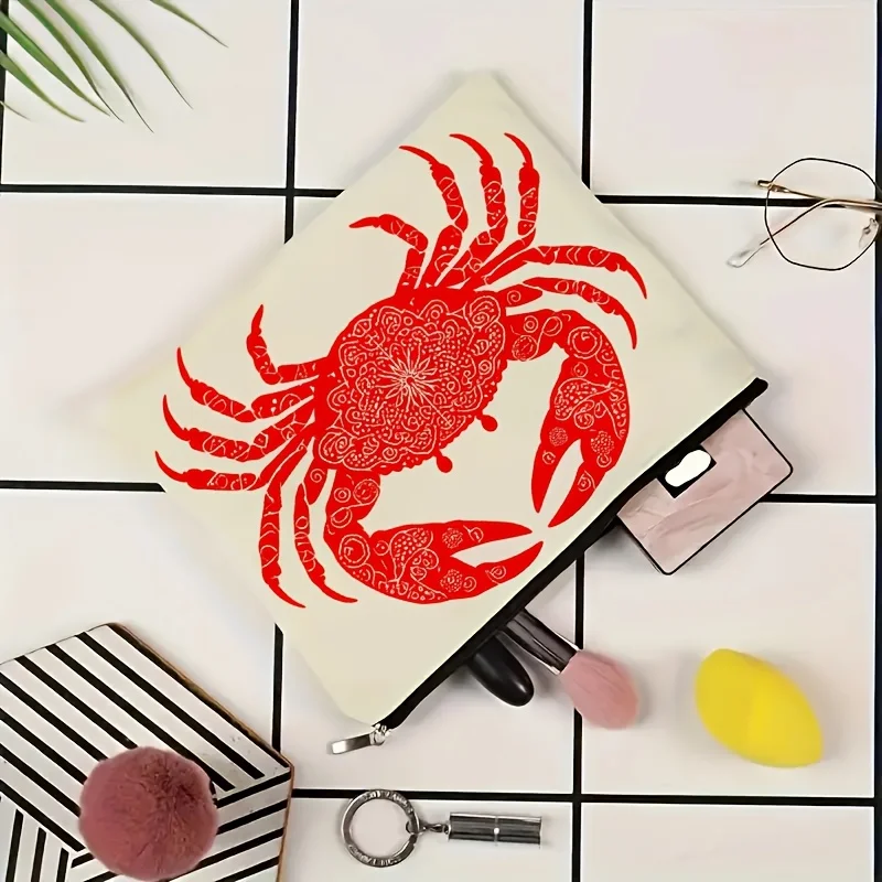 1Pc Creative Red Crab Retro Design Makeup Bag, Fashionable Toiletry Bag, Snack Storage Bag, Stationery Storage Bag, Canvas Double-Sided Printed Travel Bag