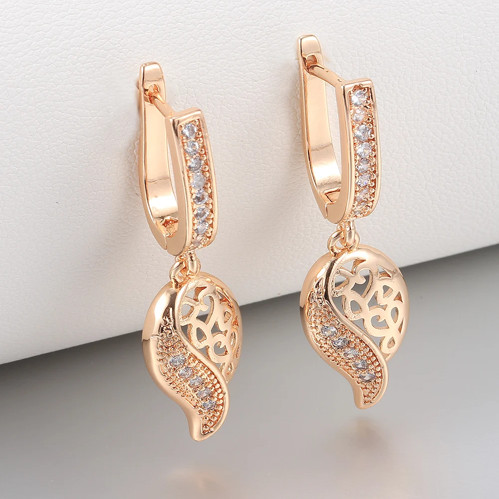 

Rose Gold Color Earrings for Women Girls Cut Out Leaf Cubic Zircon CZ Dangle Drop Earrings Birthday Wedding Jewelry