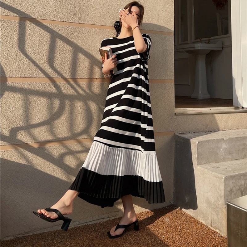 

Trendy Summer Dress Korea Womens Dresses Vestidos Robe Elbise Fashion Striped Patchwork Short Sleeve Patchwork Long Dress L-4XL