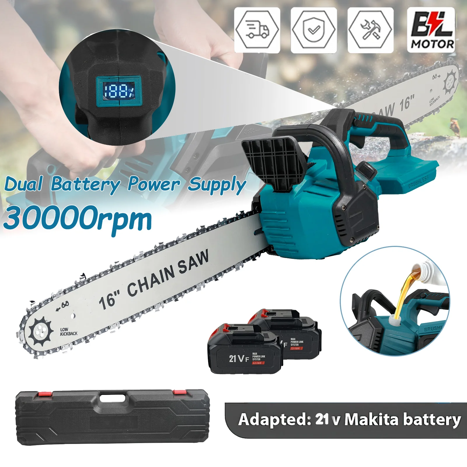 Image of 8000W Bürstenlose Akku-Kettensäge mit LED, 16 Zoll, Automatische Ölschmierung, Kabelloses Holzbearbeitungs- und Gartenwerkzeug, Kompatibel mit Makita 21V Akku