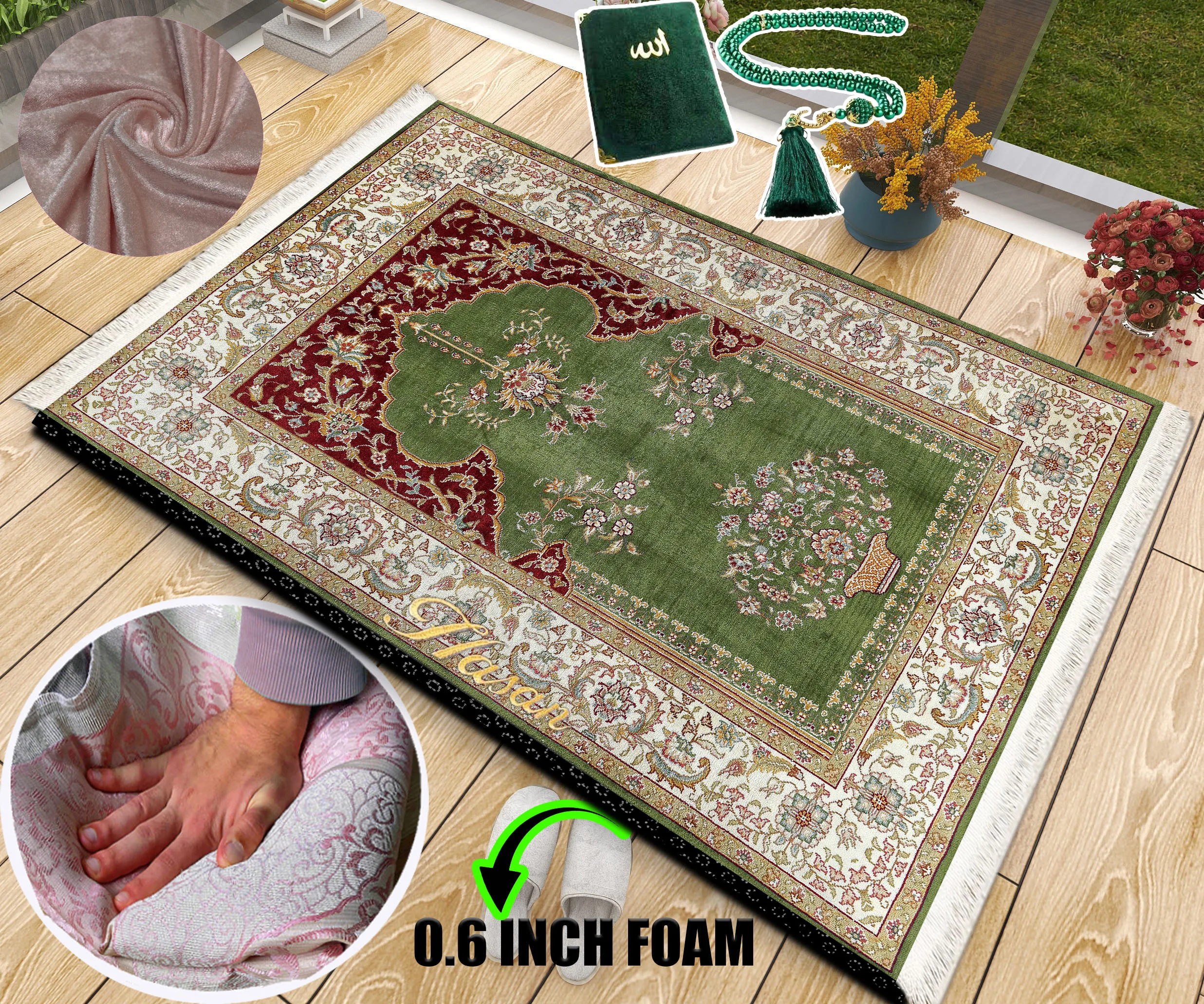

Extra Thick Foam Padded Turkish Vintage Prayer Rug, Luxury Yaseen, Soft Praying Mat Carpet & Pearl Tasbeeh, İslamic Gift Set