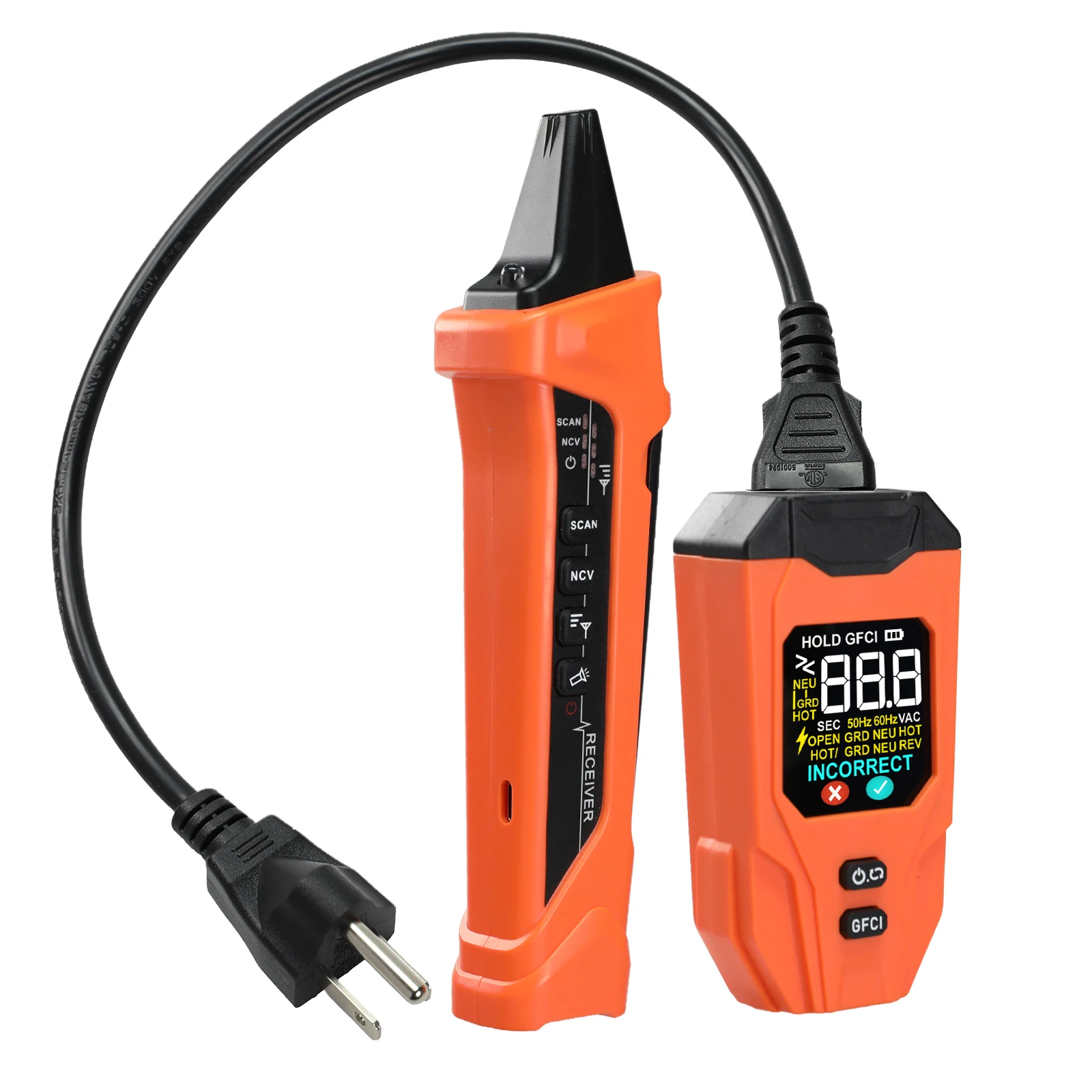 Digital Circuit Breaker Finder, Rechargeable Socket Tester VA Color LCD, GFCI Trip Timer & NCV, Electrician Tracker - 110V
