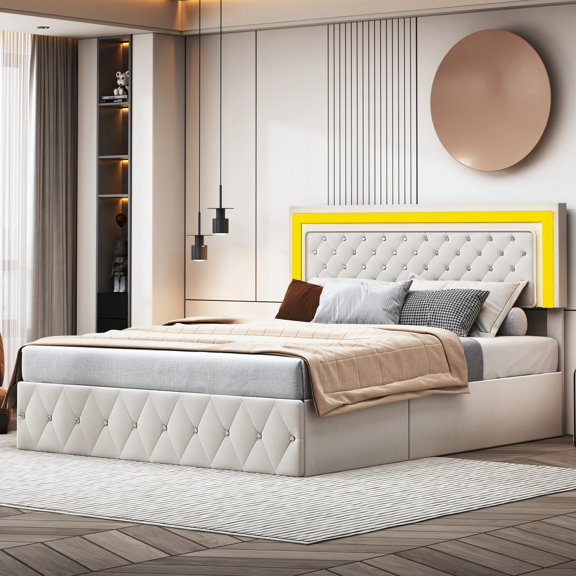 Łóżko ze schowkiem, podwójne łóżko z listwą LED z listwową podstawą i zagłówkiem klamry, aksamit-180x200cm