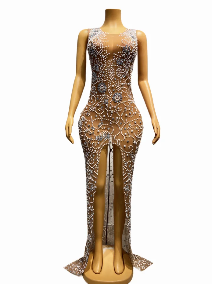 

Fashion Pearls Rhinestones Transparent Tail Dress Evening Birthday Celebrate Wedding Costume Dancer Outfit tanhua