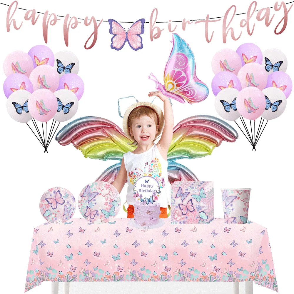 Rosa Schmetterling Themen-Party-Set Pappteller Becher Servietten Tischgeschirr-Set Babyparty-Geschenke Blumenmuster Fröhliche Geburtstagsdekoration – Detail 1