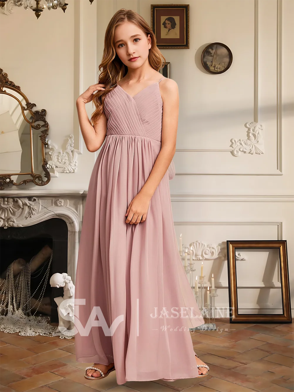 

A Elegant A-Line V-Neck Floor-Length Chiffon Junior Bridesmaid Dress Dusty Rose Flower Girl Dress Girls Party Wedding Formal